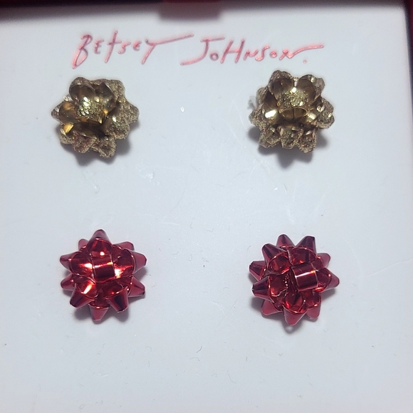 Betsey Johnson Gold & Red Christmas Bow Earrings - Picture 2 of 4